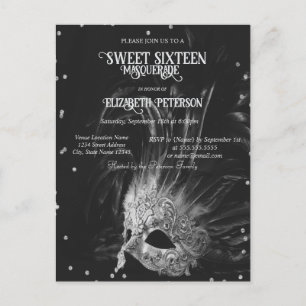 Mardi Gras Masque Diamanten Grijs Sweet 16 Uitnodiging Briefkaart