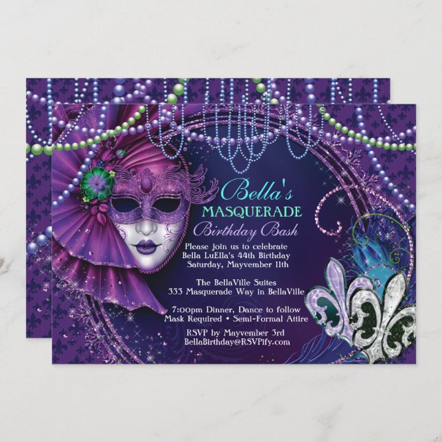 Mardi Gras Masquerade Anniversaire Invitations (Devant / Derrière)