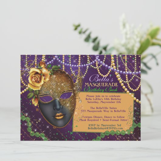 Mardi Gras Masquerade Anniversaire Invitations (Debout devant)