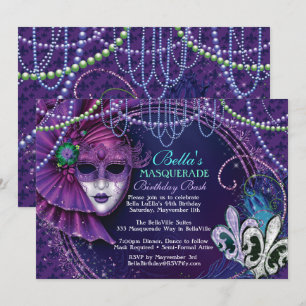 Mardi Gras Masquerade Birthday Party Kaart