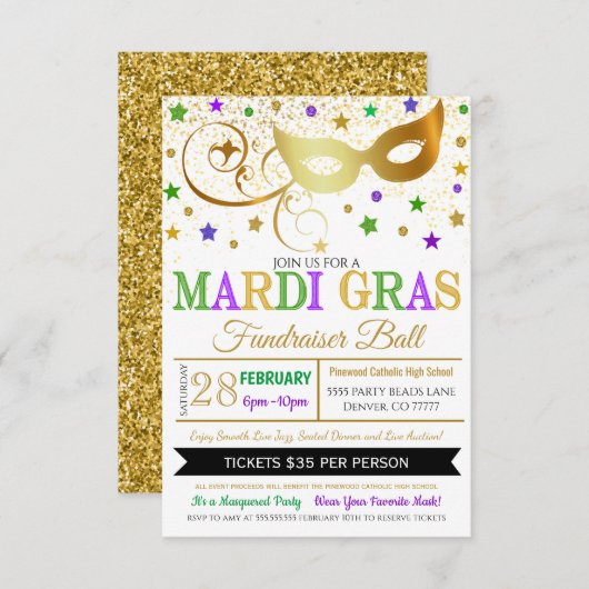 Mardi Gras Masquerade Event Invite Kaart (Voorkant / Achterkant)