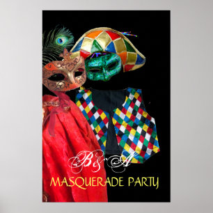 MARDI GRAS MASQUERADE, HARLEQUIN COSTUME MONOGRAM POSTER