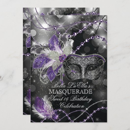Mardi Gras Masquerade Invitation de fête d'anniver (Devant / Derrière)
