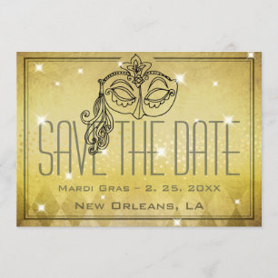 Mardi Gras Masquerade Mask Gold Save the Date Kaart