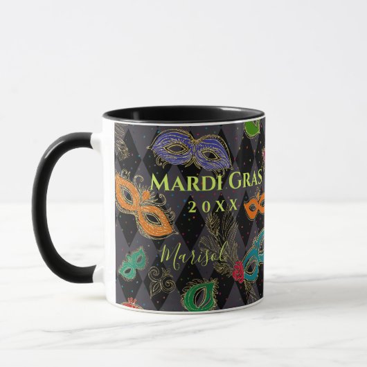 Mardi Gras Masquerade Maskers Zwart Harlekijn Naam Mok (Links)