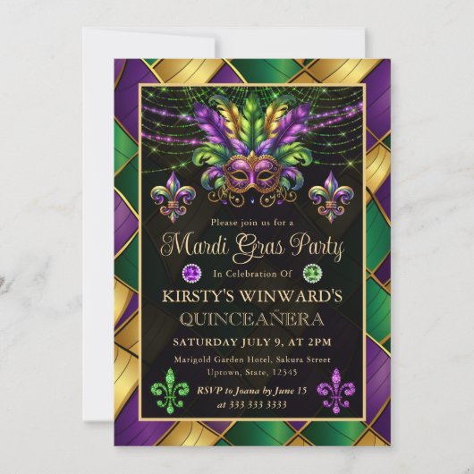 Mardi Gras Masquerade Quinceanera Kaart (Voorkant)