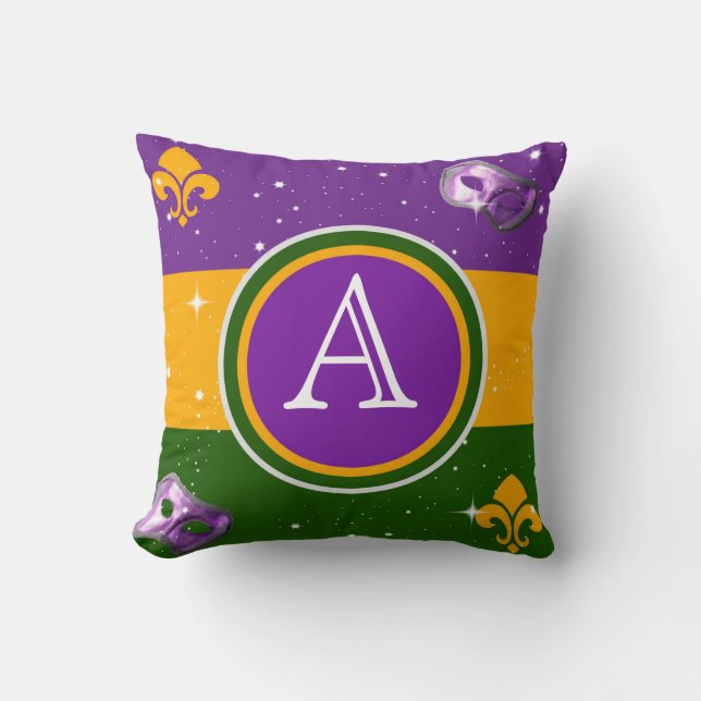 Mardi Gras Monogram Pillow met masker en fleur de  Kussen (Voorkant)