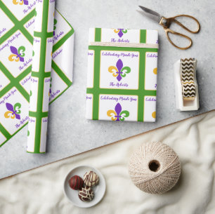 Mardi Gras NAAM Groen Goud Paars Fleur de Lis Cadeaupapier