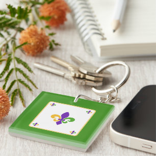 Mardi Gras NAAM Groen Goud Paars Fleur de Lis Sleutelhanger