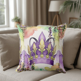 Mardi Gras Paarse Crown Green & Gold Waterverf Kussen