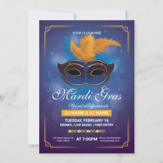 Mardi Gras party Invitation Flyer Sjabloon Kaart (Voorkant)