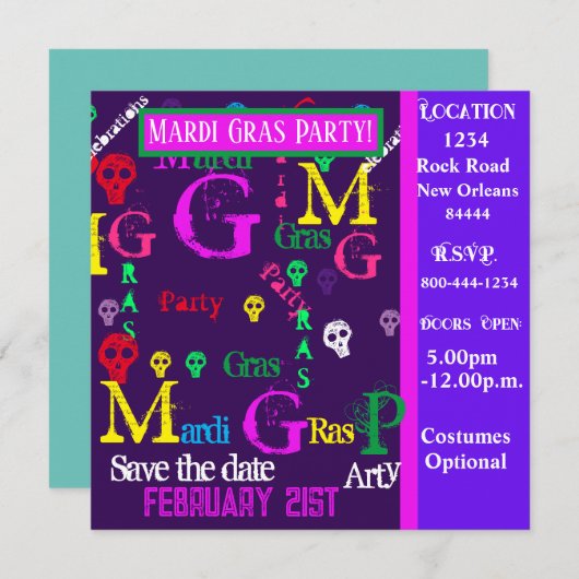 MARDI GRAS Party Kaart (Voorkant / Achterkant)