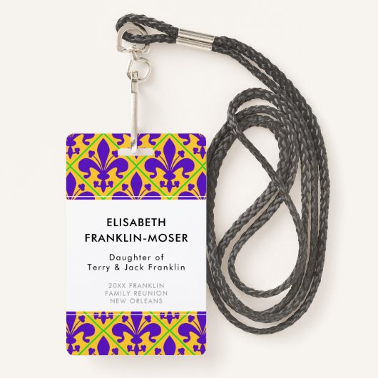 Mardi Gras Party New Orleans Fleur de Lis Badge (Voorkant met draagriem)