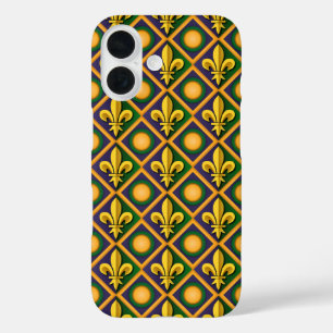 Mardi gras patroon met gouden vloour-de-lis iPhone 16 hoesje