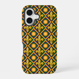 Mardi gras patroon met gouden vloour-de-lis iPhone 16 hoesje