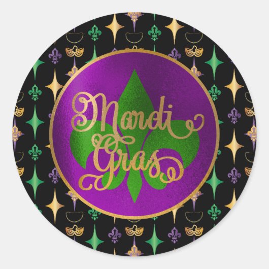 Mardi Gras Pattern met kringen op zwart Ronde Sticker (Voorkant)