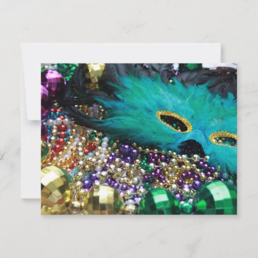 Mardi Gras Perles et Green Feather Mask Invitation (Devant)
