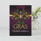 MARDI GRAS Purple Colorful Mask Party Invitations (Debout devant)