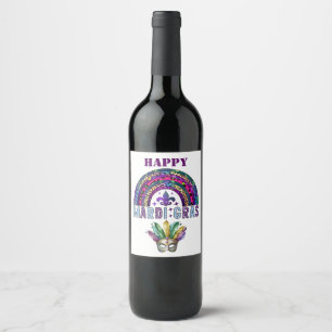 Mardi Gras Rainbow en Mask Wine Label Wijn Etiket