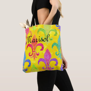 Mardi Gras Rainbow Fleur de lis Monogram Geel Draagtas