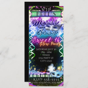 Mardi Gras Rainbow Glow VIP SWEET 16 Party Ticket Kaart