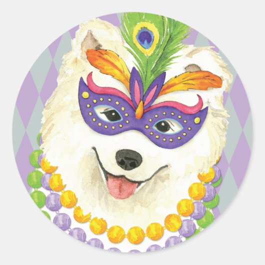 Mardi Gras Samoyed Ronde Sticker (Voorkant)