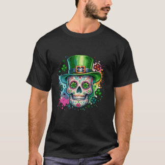 Mardi Gras St Patricks Day Shamrock Sugar Skull Ca T-shirt