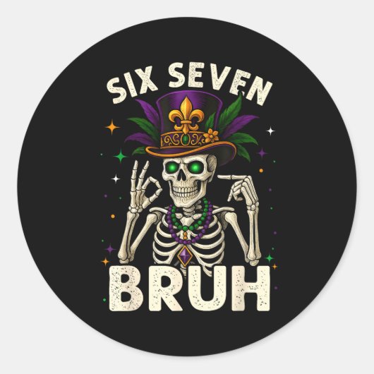 Mardi Gras Sugar Skull Skeleton Six Seven Bruh Mem Ronde Sticker (Voorkant)