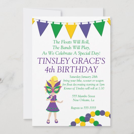 Mardi Gras Theme Birthday Uitnodiging (Voorkant)