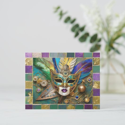 Mardi Gras Third Eye Gouden Keramisch Veer Masker Feestdagenkaart (Staand voorkant)