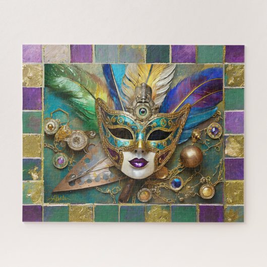 Mardi Gras Third Eye Gouden Keramisch Veer Masker Legpuzzel (Horizontaal)