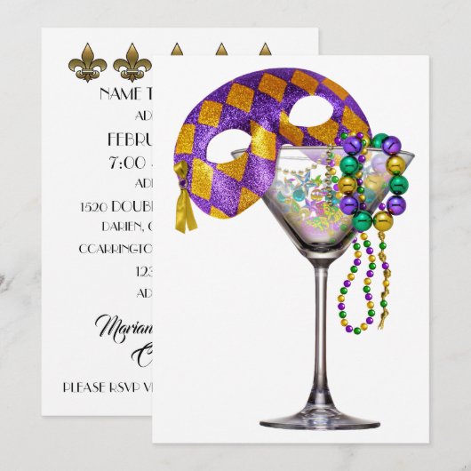 Mardi Gras - Uitnodiging voor een cocktailparty (Voorkant / Achterkant)