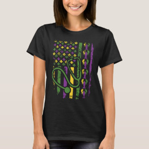 Mardi Gras US Flag Stethoscope Patriotic RN Nurse T-shirt
