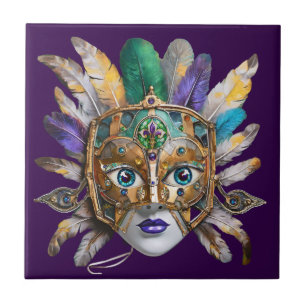 Mardi Gras Veer en Metalen Masker Tegeltje