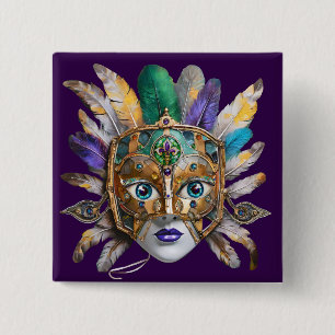 Mardi Gras Veer en Metalen Masker Vierkante Button 5,1 Cm