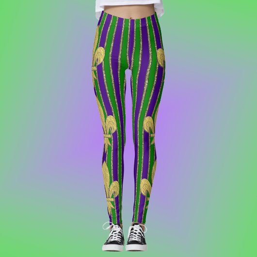 Mardi Gras Verticale Stripes & Fleur de Lys Leggings