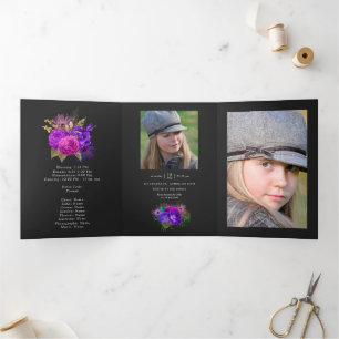 Mardi Gras Waterverf Bloemige Quinceañera Foto Drieluik Uitnodiging
