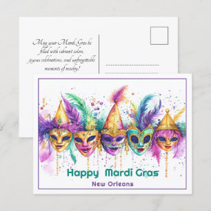 💚💜💛 Mardi Gras waterverf Cajun Carnaval Chaos Briefkaart