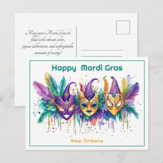 💚💜💛 Mardi Gras waterverf Masked Mischief Maker Briefkaart (Voorkant / Achterkant)