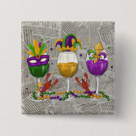Mardi Gras wijnglazen en rivierkreeften Vierkante Button 5,1 Cm (Voorkant)