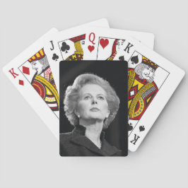 Margaret Thatcher die kaarten speelt (zwart en wit