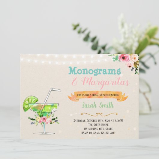 Margaritas en monogrammen partijuitnodiging kaart (Staand voorkant)