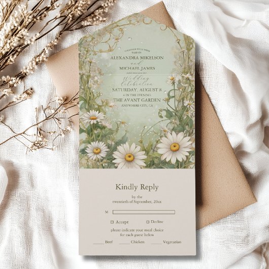 Marguerite Daisy Dusty Wedding All In One Uitnodiging