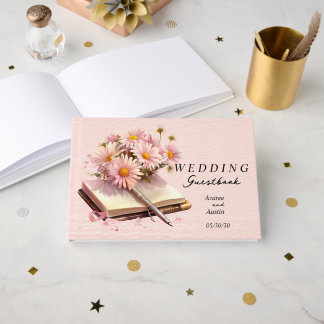 Marguerites roses sur un livre ouvert de mariage