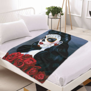 Maria Sugar Skull Red Roses Fleece Deken