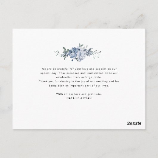 mariage à fleurs bleu poussiéreux carte de remerci (Dos)