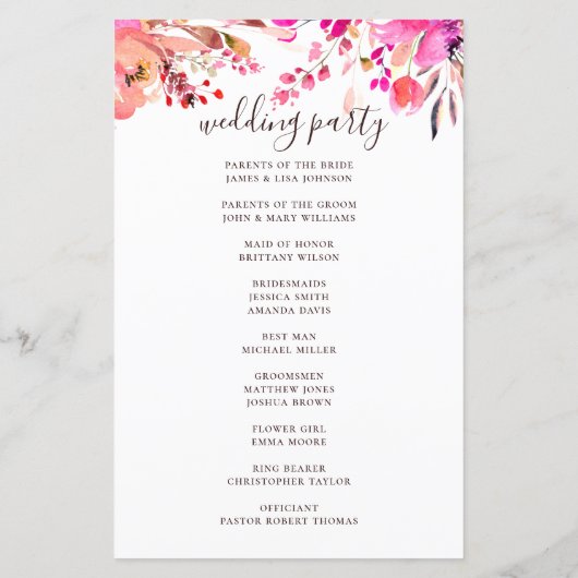 Mariage à fleurs rose aquarelle. Programme d'autom (Dos)