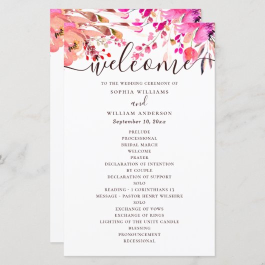 Mariage à fleurs rose aquarelle. Programme d'autom (Devant / Derrière)