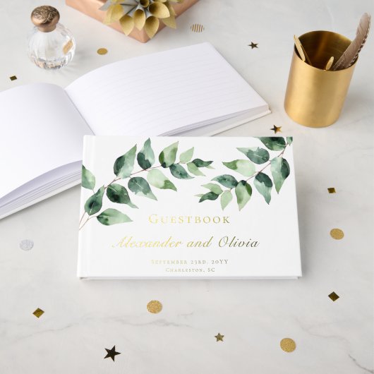 Mariage à l'aquarelle Eucalyptus | Blanc (Recto ouvert)