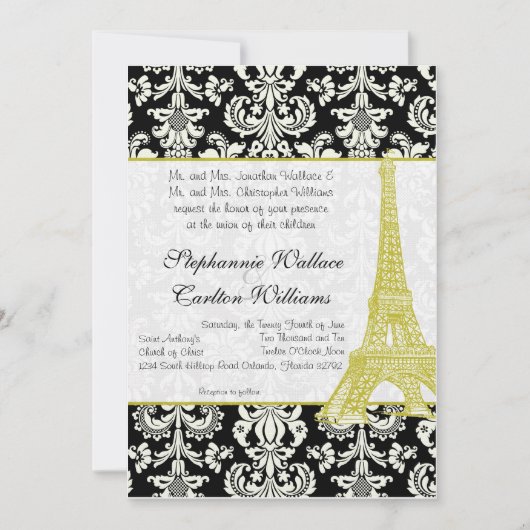 Mariage à Paris Black Damask Invitation (Devant)